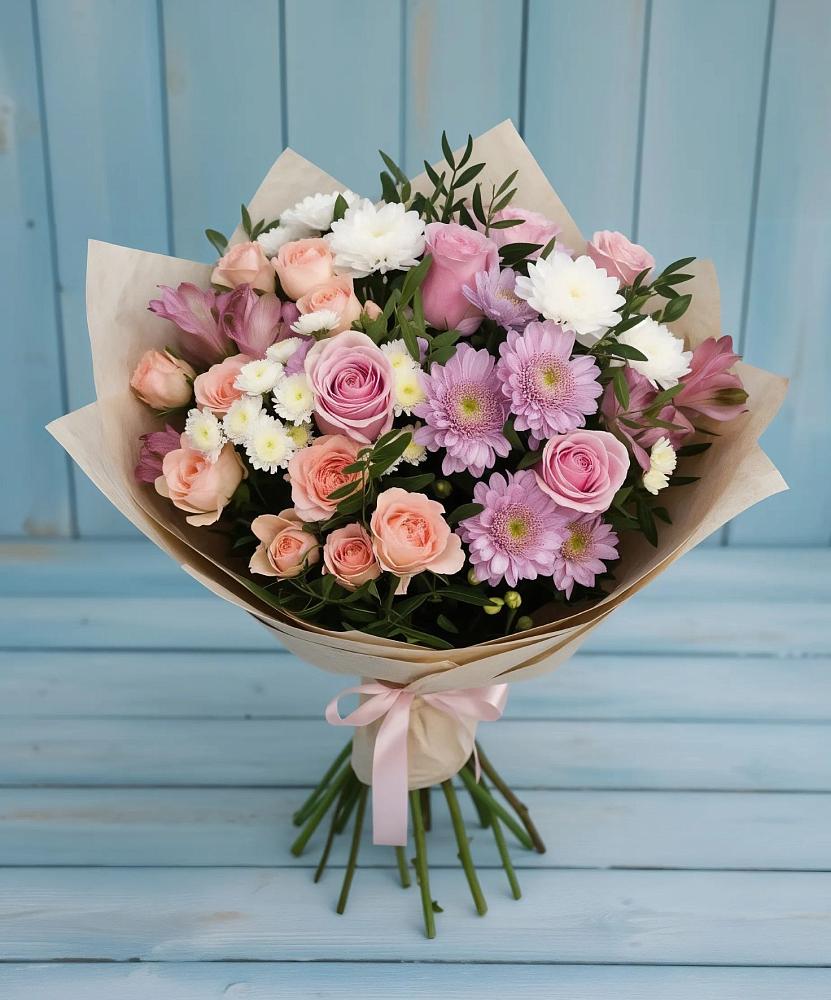 Букет цветов из: Хризантемы, Розы и Альстромерии в Харовске